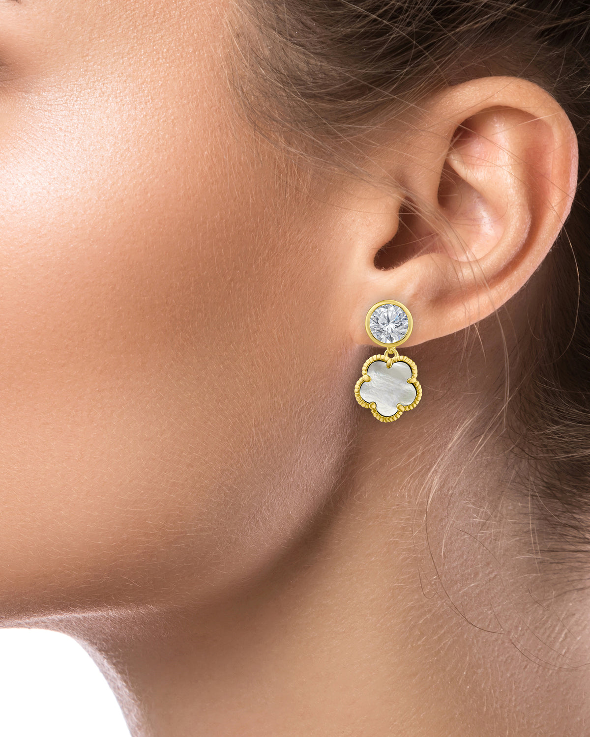 Round CZ and Clover Drop Earrings